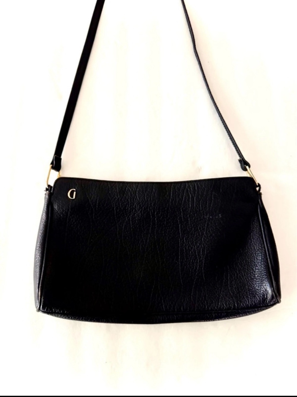 Vintage Ganson Black Minimalist Crossbody Bag - Gold Logo Accent